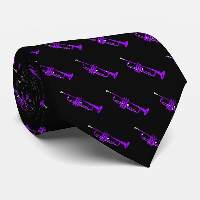Purple Trumpet Pattern on Black Neck Tie (Rolled)