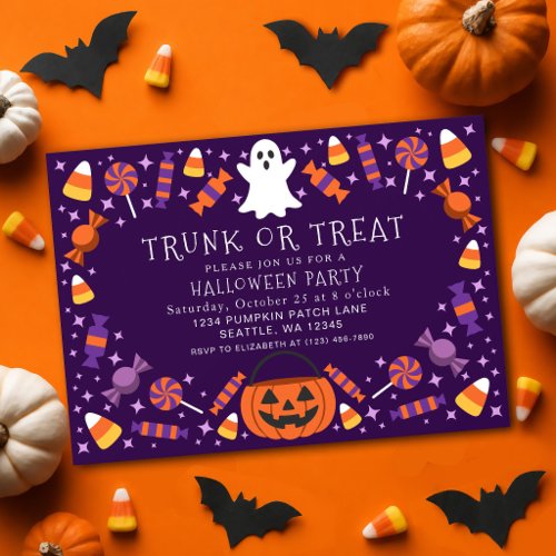 Purple Trunk or Treat Candy Kids Halloween Party  Invitation