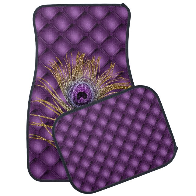 PURPLE TUFTED MARDI GRAS DIAMOND & FEATHER CAR FLOOR MAT (Set)