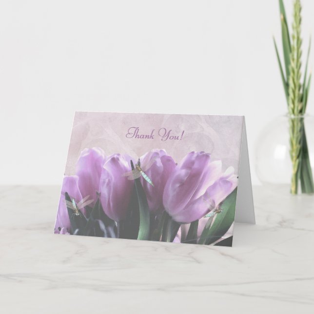 Purple Tulip Aqua Dragonflies Thank You! Card (Front)