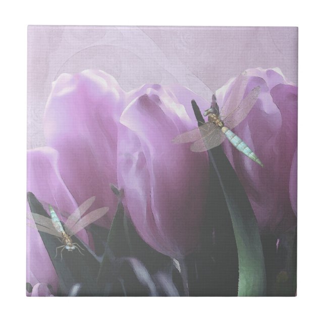 Purple Tulip Aqua Dragonfly Ceramic Art Tiles (Front)