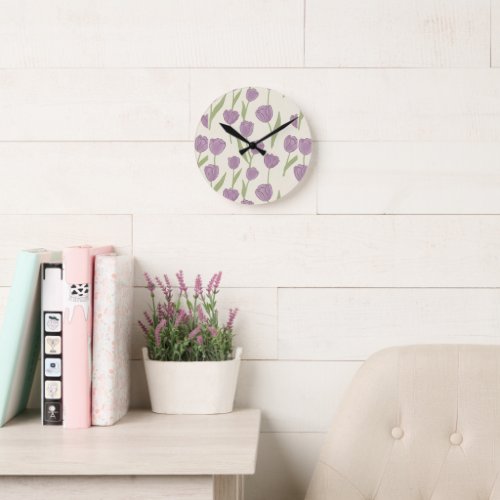 Purple Tulip Floral Pattern Round Clock