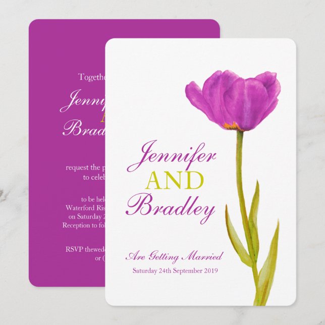 Purple tulip flower art wedding invitations (Front/Back)