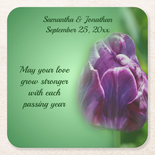 Purple Tulip Flower Personalized Wedding Square Paper Coaster (Front)