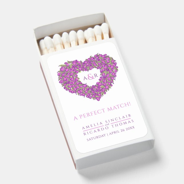 Purple tulip flowers monogram art wedding matchboxes (Front Open)