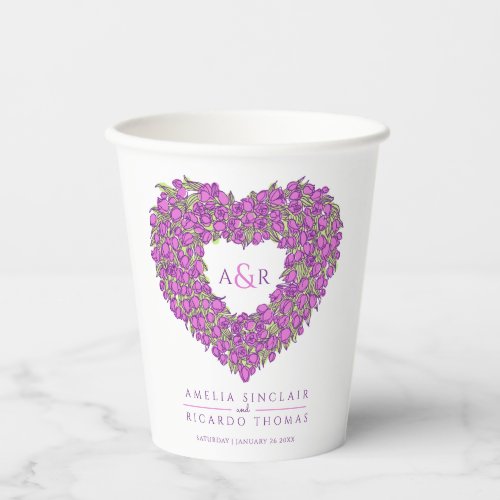 Purple tulip heart bouquet art monogram wedding paper cups