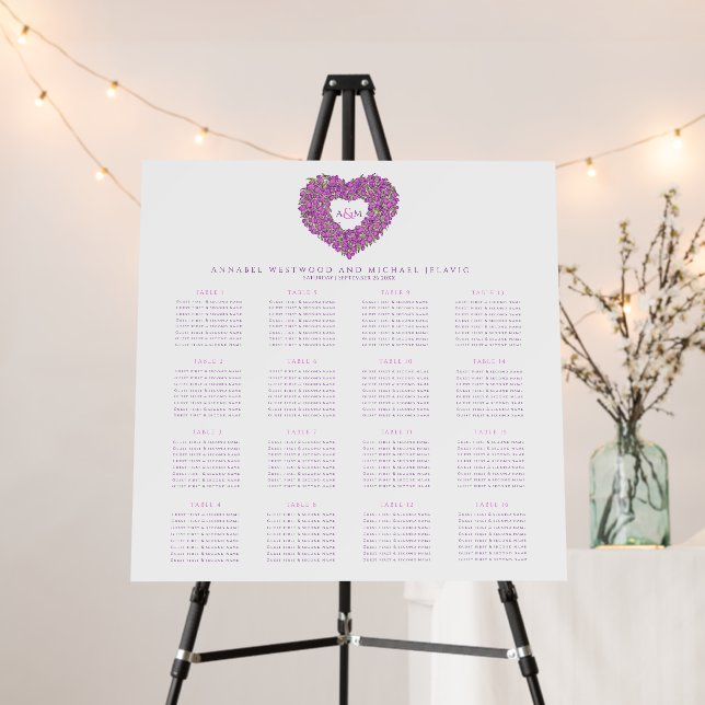 Purple tulip monogram wedding 16 table seating foam board (In Situ (Stand))