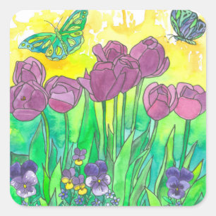 Purple Tulip Pansies Watercolor Flowers  Square Sticker