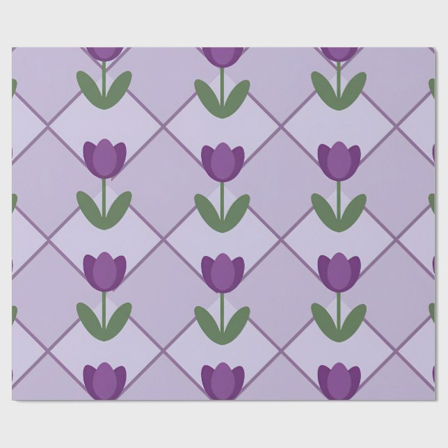 Purple Tulip Pattern – Geometric Floral Seamless Wrapping Paper (Flat)