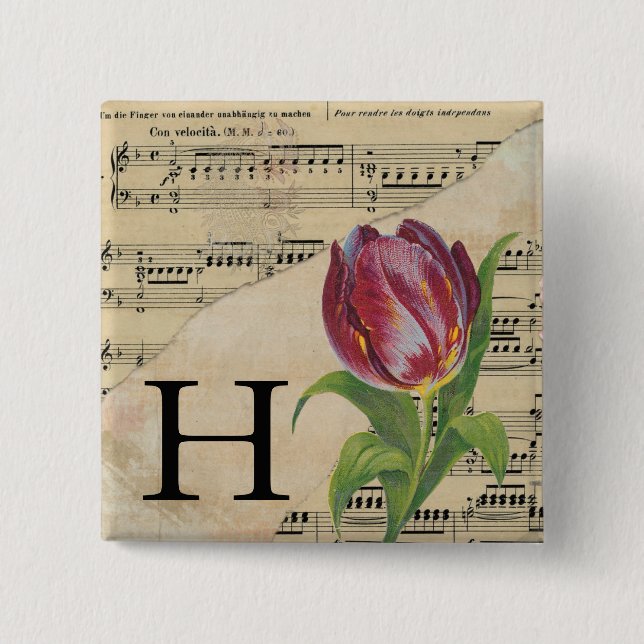 Purple Tulip Sheet Music Monogram Initial H Button (Front)