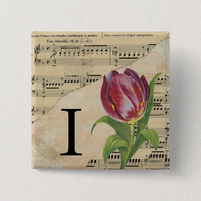 Purple Tulip Sheet Music Monogram Initial I Button (Front)