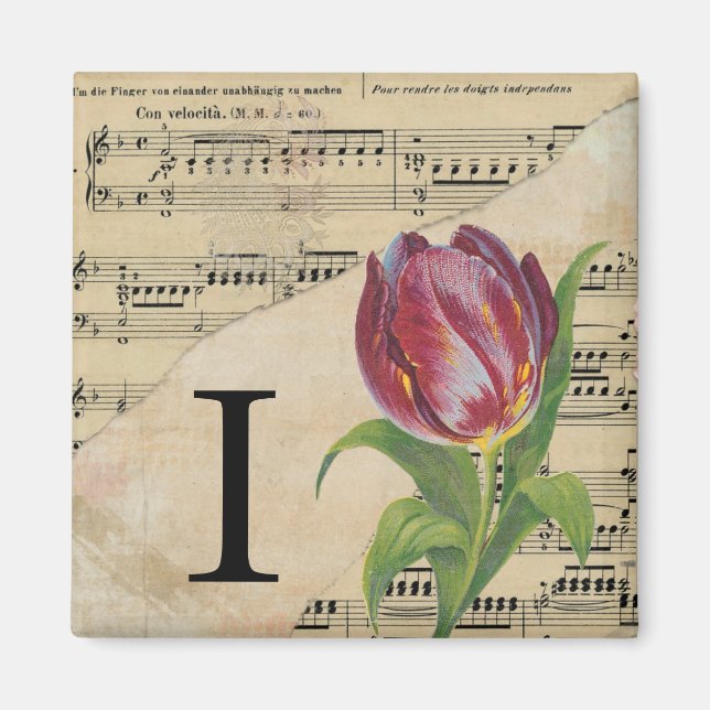 Purple Tulip Sheet Music Monogram Initial I Magnet (Front)