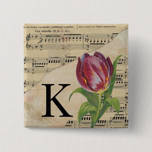 Purple Tulip Sheet Music Monogram Initial K Button (Front)