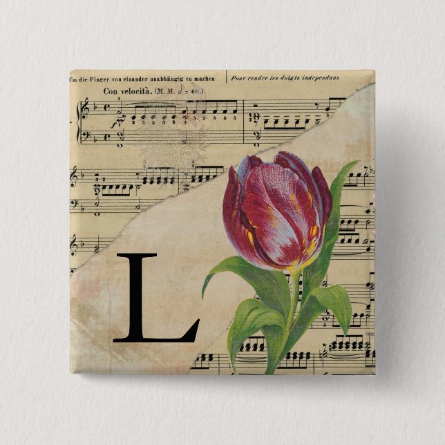 Purple Tulip Sheet Music Monogram Initial L Button (Front)