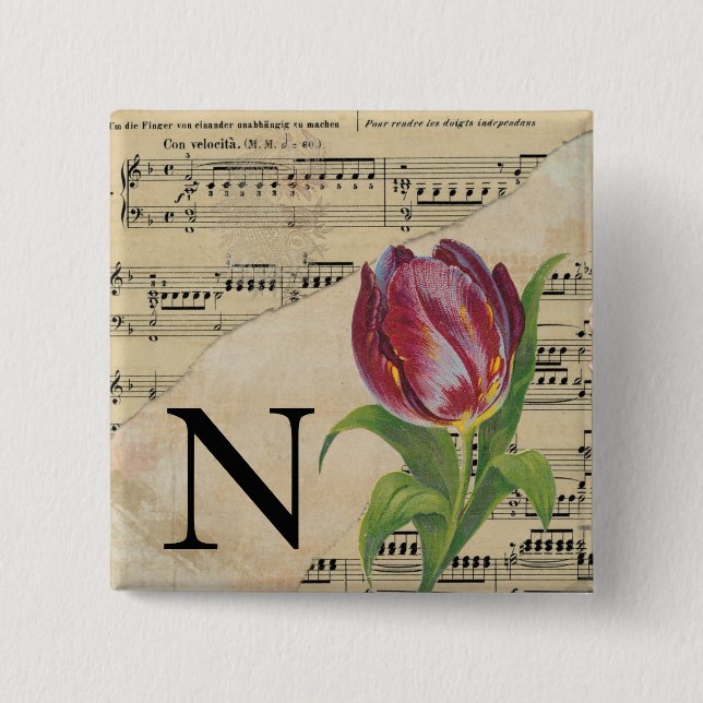 Purple Tulip Sheet Music Monogram Initial N Button (Front)