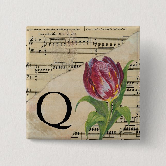 Purple Tulip Sheet Music Monogram Initial Q Button (Front)