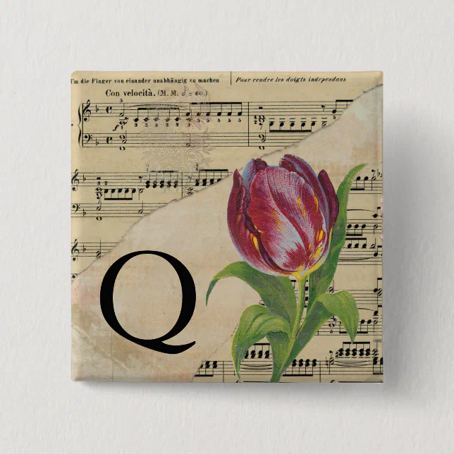 Purple Tulip Sheet Music Monogram Initial Q Button | Zazzle