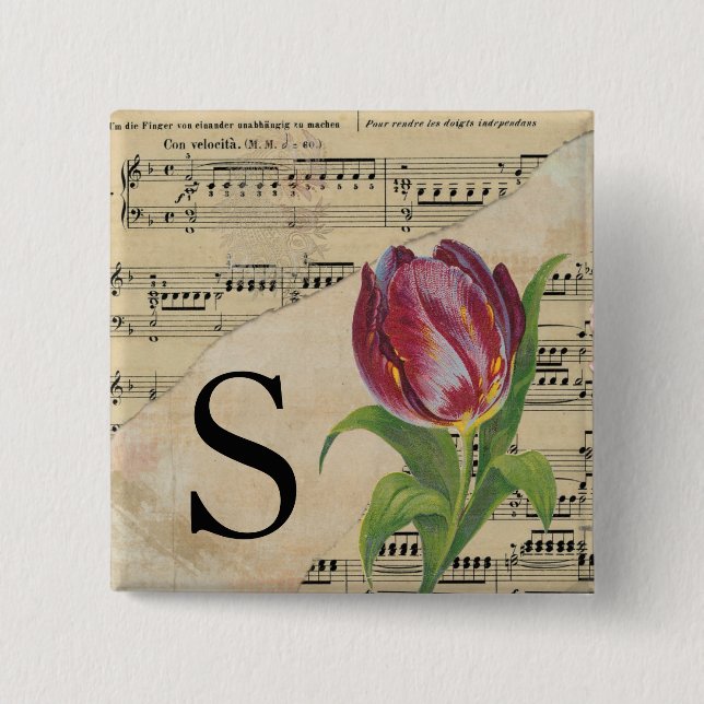 Purple Tulip Sheet Music Monogram Initial S Button (Front)