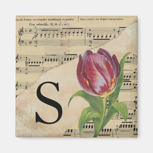 Purple Tulip Sheet Music Monogram Initial S Magnet (Front)