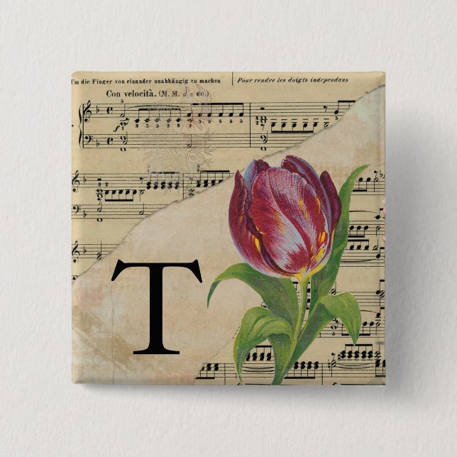 Purple Tulip Sheet Music Monogram Initial T Button (Front)