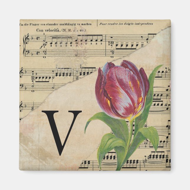 Purple Tulip Sheet Music Monogram Initial V Magnet (Front)