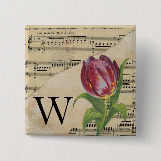Purple Tulip Sheet Music Monogram Initial W Button (Front)