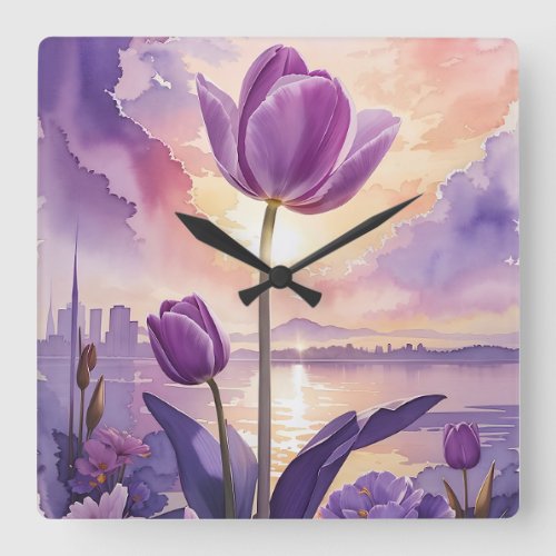 Purple Tulip Square Wall Clock