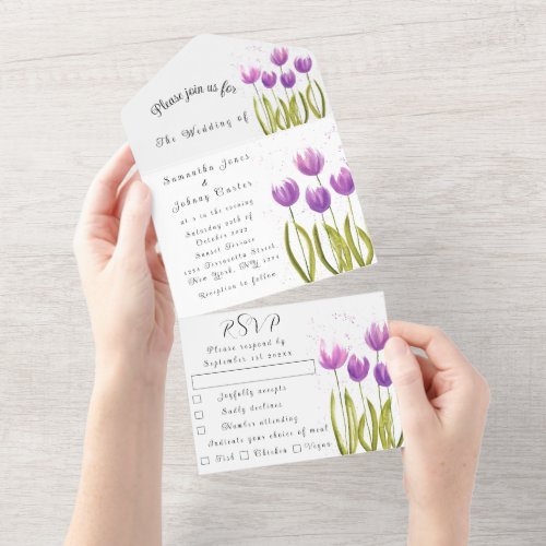 Purple Tulip Watercolor Spring Wedding Elegant All In One Invitation