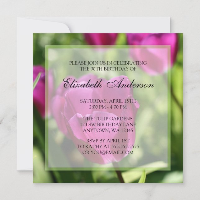 Purple Tulips 90th Birthday Party Invitations (Front)