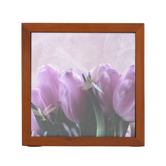Purple Tulips Aqua Dragonflies Desk Organizer (Front)