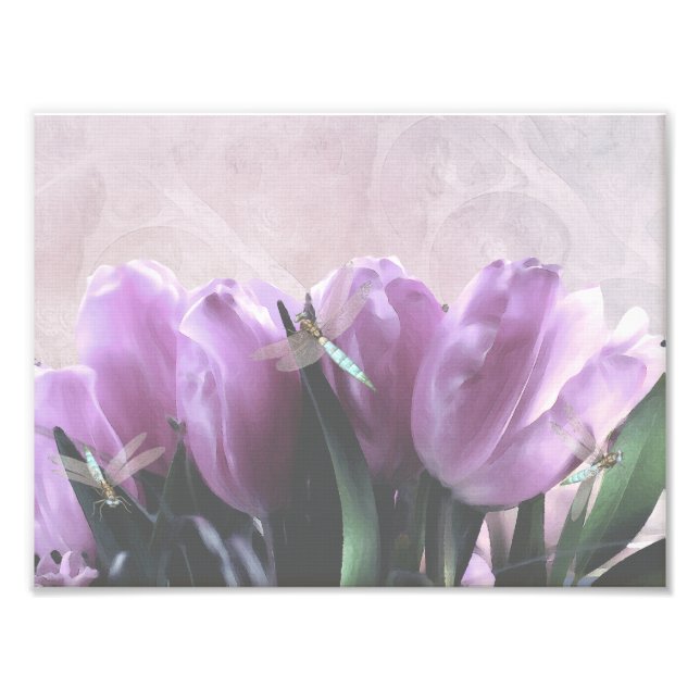 Purple Tulips Aqua Dragonflies Print (Front)