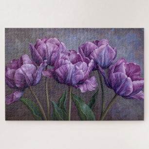 Purple Tulips Botanical Oil Painting Jigsaw Puzzle