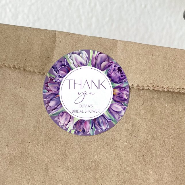Purple tulips Bridal shower Thank You Classic Round Sticker (Creator Uploaded)
