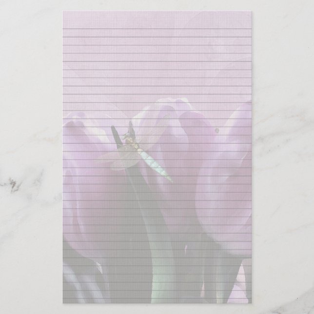 Purple Tulips Dragonfly Optional Lined Note Paper (Front)