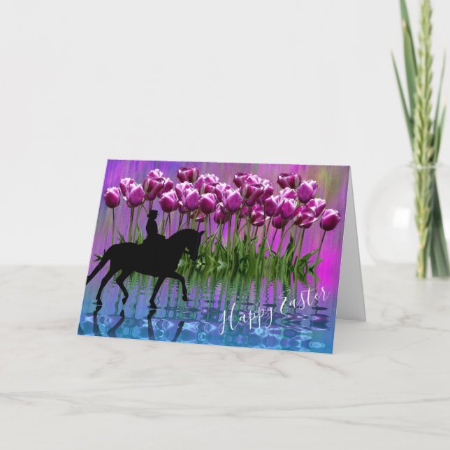 Purple Tulips, Dressage Horse Reflections Easter Card (Front)