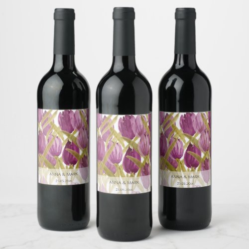 Purple Tulips Elegant Watercolor Wine Label