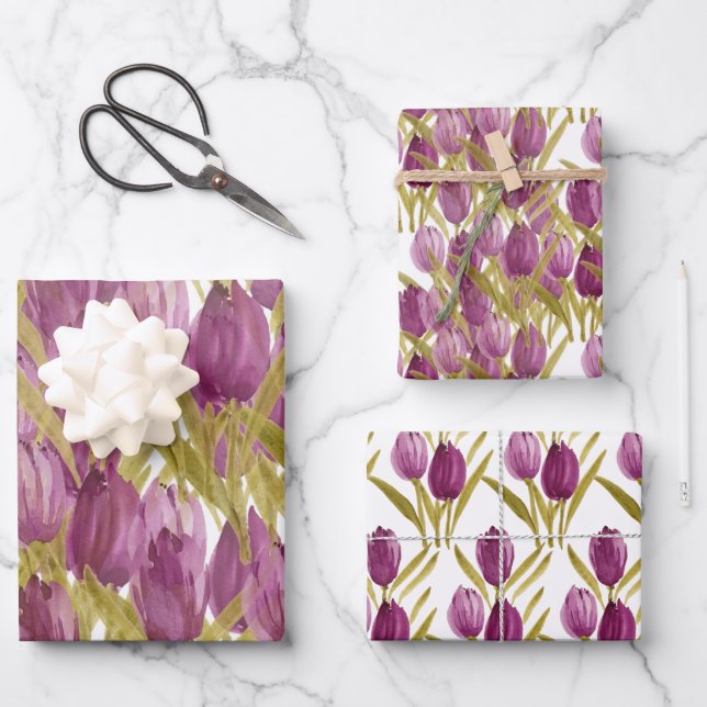 Purple Tulips Elegant Watercolor Wrapping Paper Sheets (Front)