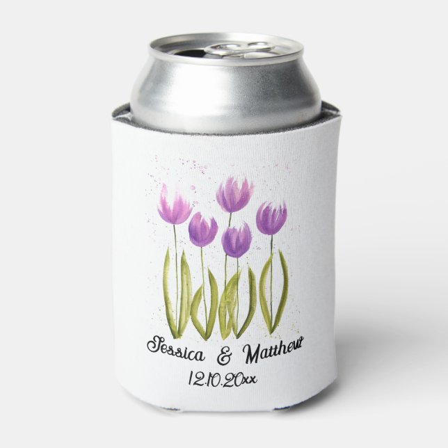 Purple Tulips floral Spring Rustic Weddings Can Cooler (Can Front)