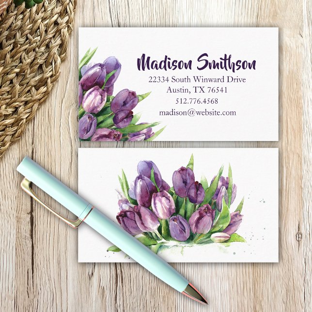 Purple Tulips Floral Watercolor Business/ Calling Card (Creator Uploaded)