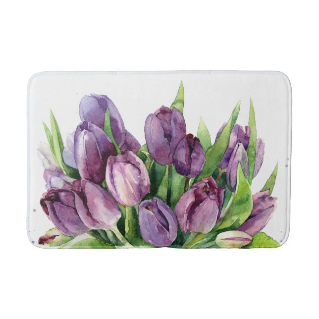 Purple Tulips Floral Watercolor Pattern Bath Mat (Front)