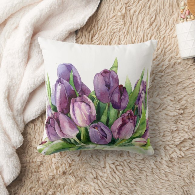 Purple Tulips Floral Watercolor Pattern Throw Pillow (Blanket)