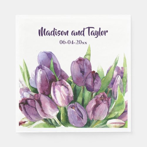 Purple Tulips Floral Watercolor WeddingShower Napkins