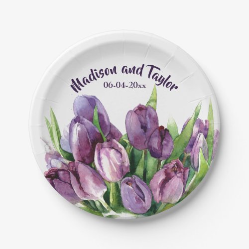 Purple Tulips Floral Watercolor WeddingShower Paper Plates
