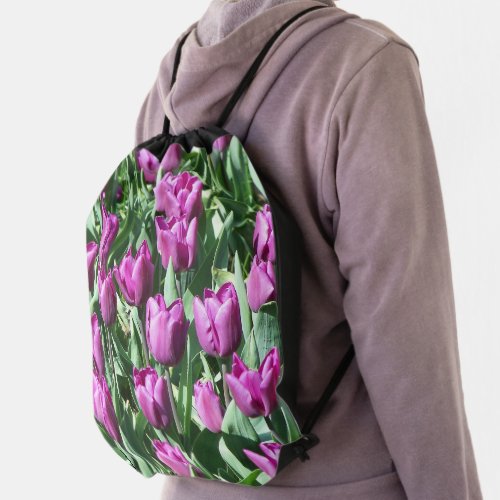 Purple Tulips Garden Floral Drawstring Bag