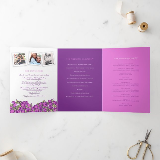 Purple tulips heart art story dedication wedding Tri-Fold program (Inside)