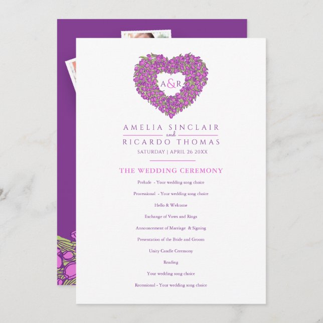 Purple tulips heart love story ceremony program (Front/Back)