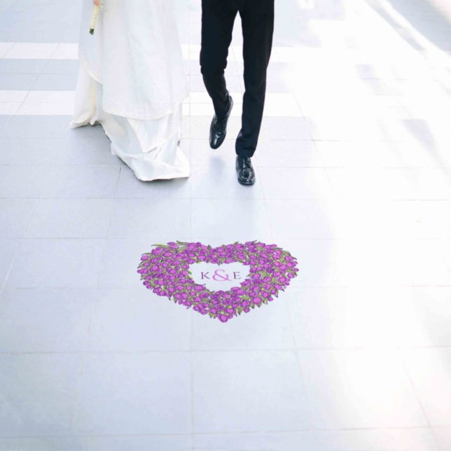 Purple tulips heart wreath monogram wedding floor decals (Wedding)