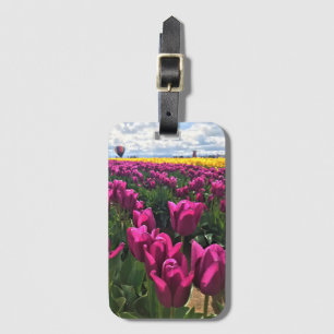 Purple Tulips in a Field with a Hot Air Balloon Luggage Tag