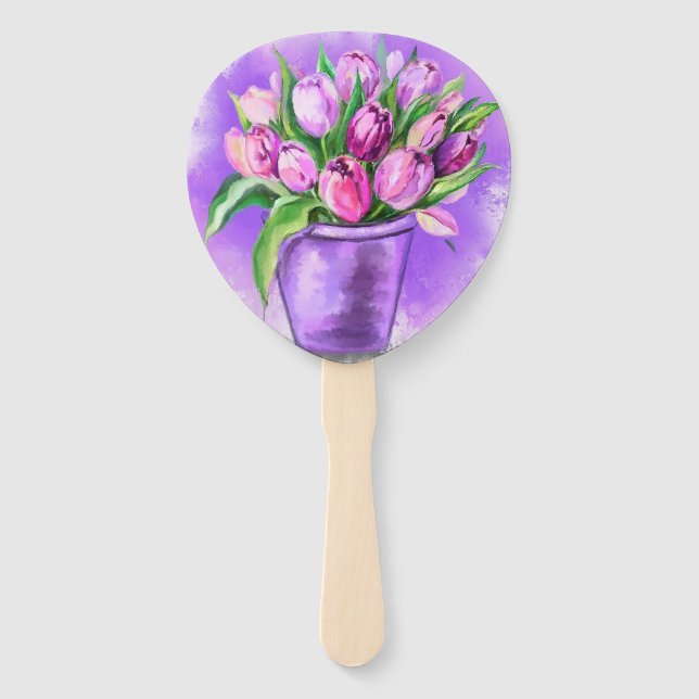 Purple Tulips In Purple Flower Pot Hand Fan (Back)