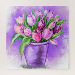 Purple Tulips In Purple Pot Puzzle Watercolor